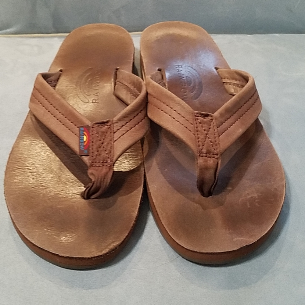 Rainbow Mocha Brown Leather Flip Flops S 8.5 7.5 8